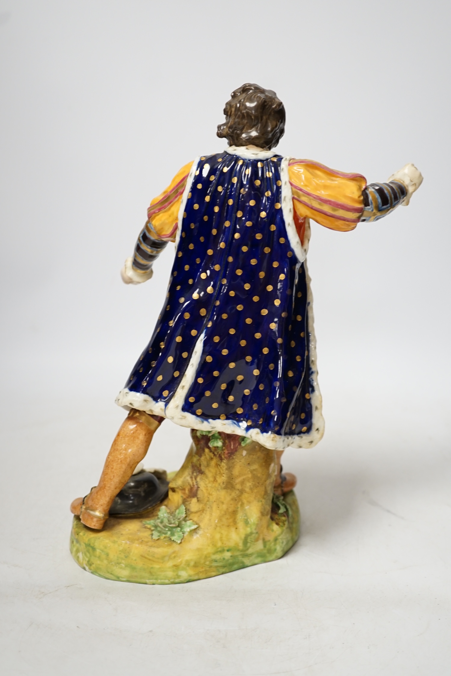 A Derby figure of James Quinn as Falstaff, c.1780, 28cm high. Condition - some flaking to enamels on base, restoration to left hand